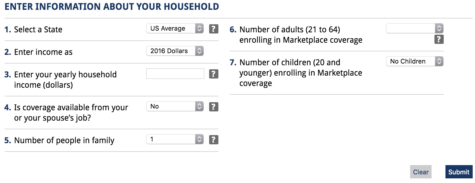 An image of the healthcare marketplace built for KFF, with multiple dropdown questions to enter information about the user's household