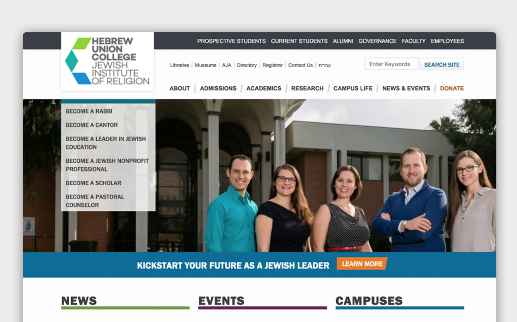 The front page of the Hebrew Union College Jewish Institute of Religion with a top menu navigation and an image of five people in front of a building