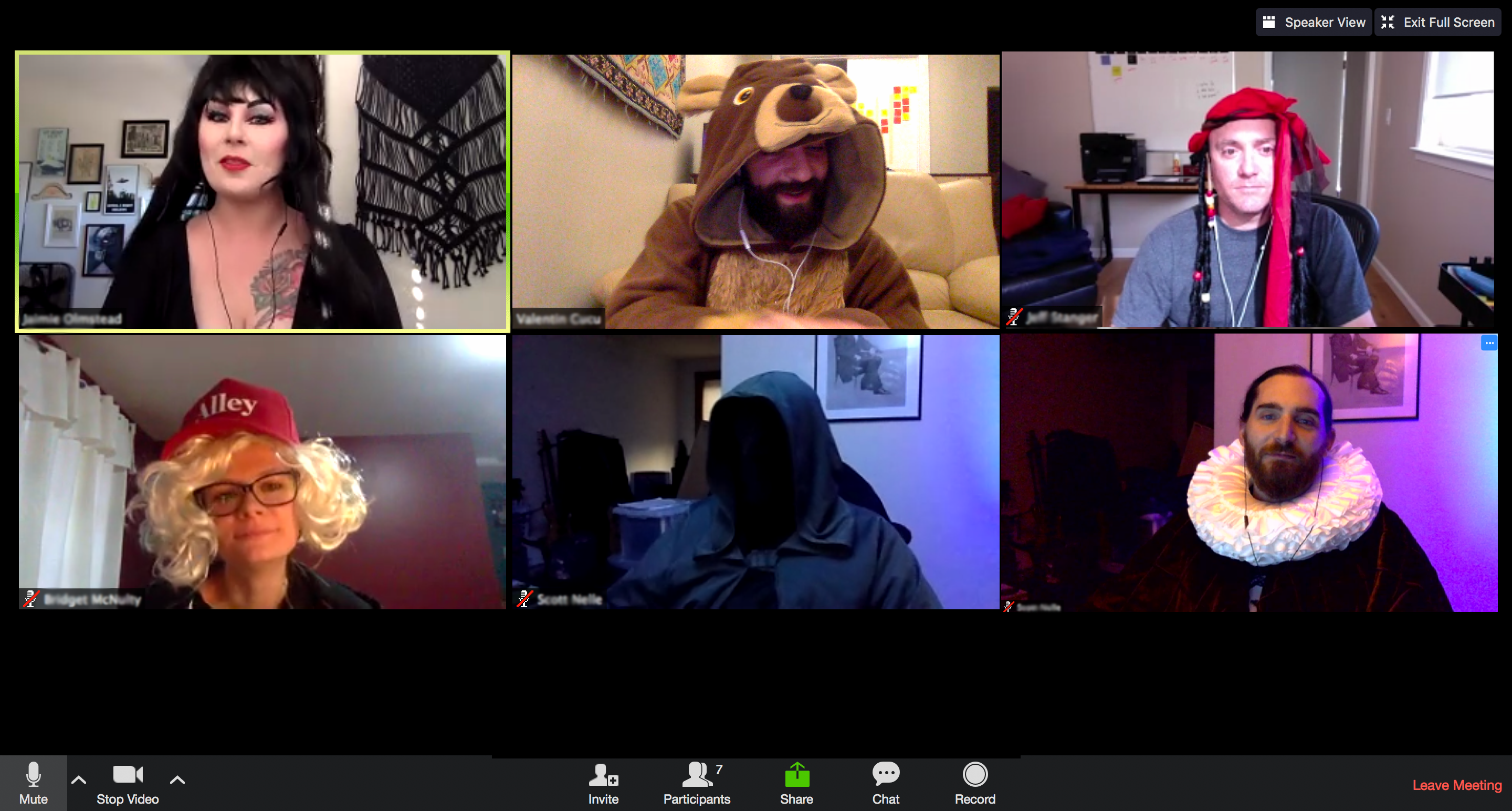 A Zoom call of six Alley team members in costumes - Elvira, a bear hoodie, a strange red hat, a Marilyn Monroe wig, a dark hooded stranger, and an Elizabethan collar