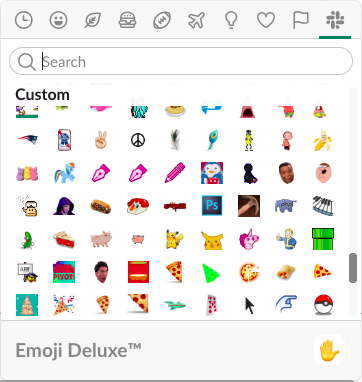 A screenshot of the Slack interface displaying a grid of some of our custom emoji, such as pink pen tips, pikachus, and various slices of pizza