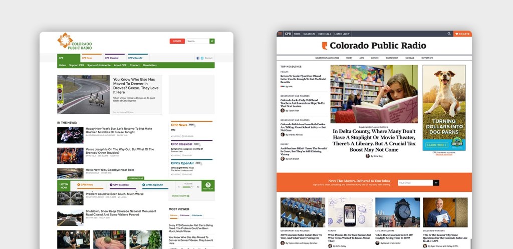 A before and after of the CPR site, with small text and images and a green color scheme on the left, and a more dynamic, colorful, and easy to read version of the site on the right - with a large orange subscribe bar in the middle 