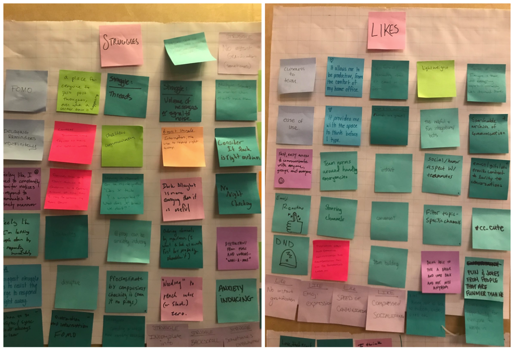 Two images of about 50 multicolored post-its attached to a wall, one group labelled "Struggles" and one group labelled "Likes"
