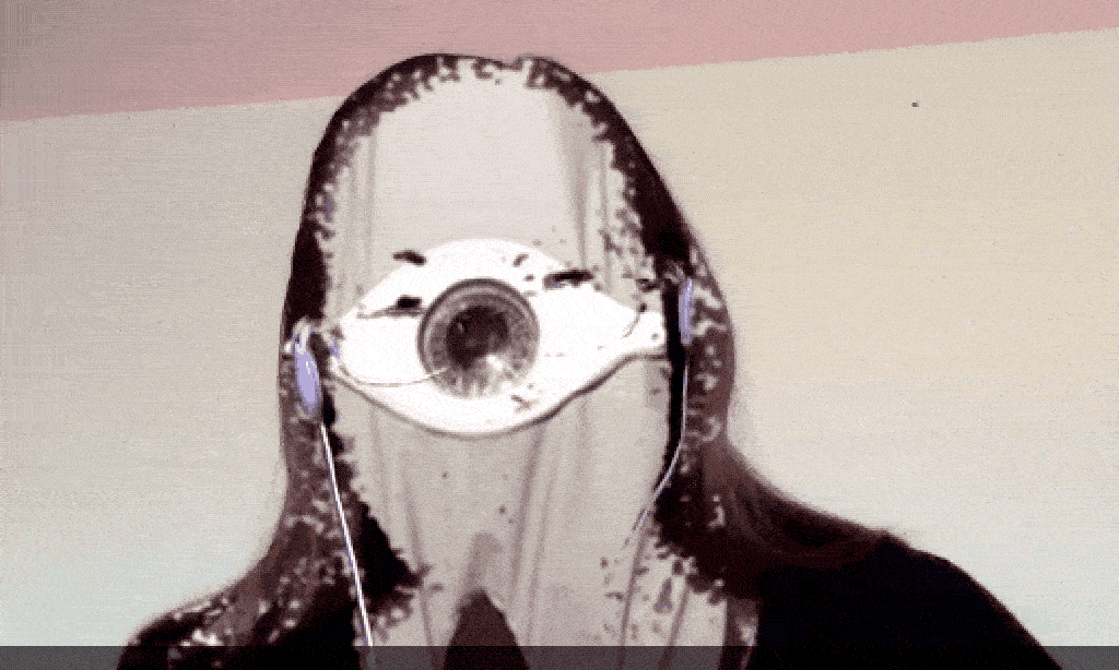 A gif of a person with long hair blending into their virtual background of a large eye - only the hair is visible due to digital confusion