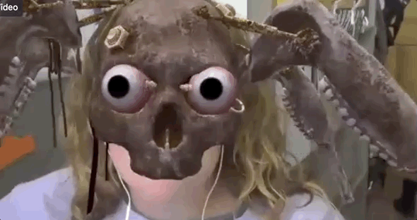 A gif of a White woman with a camera filter on that turns her face into a light brown skull with pop out red eyes, and floating jawbones acting as hair