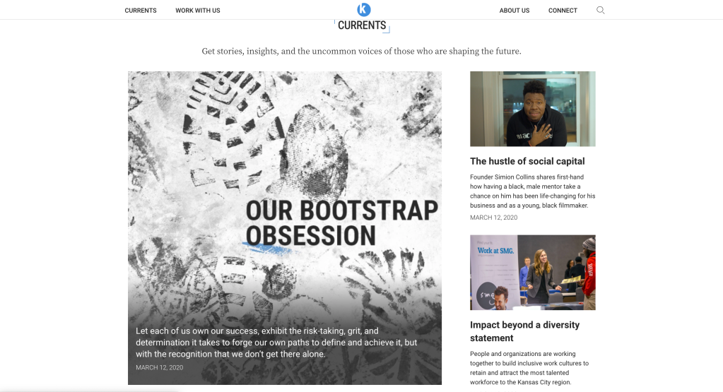 One large image of footprints with the text "Our Bootstrap Obsession" next to two smaller images and article blurbs