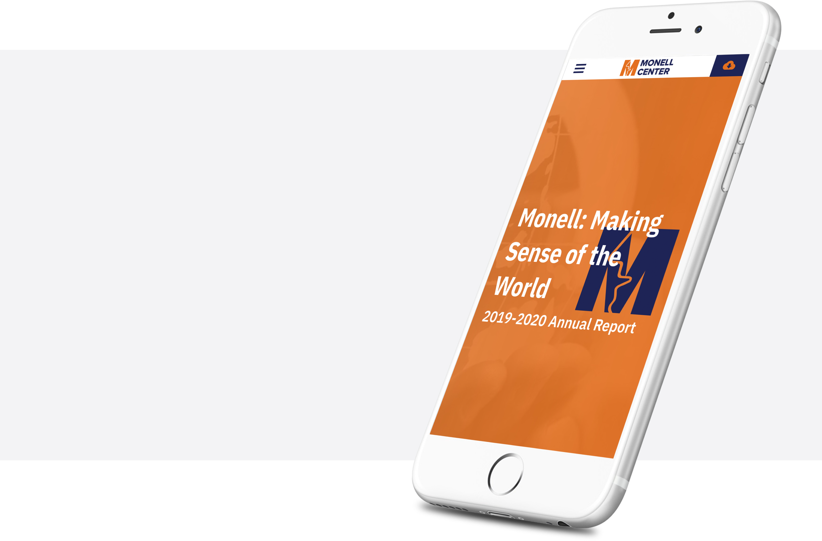 The Monell report - a white headline on an orange field with a large blue M - displayed on a smartphone screen